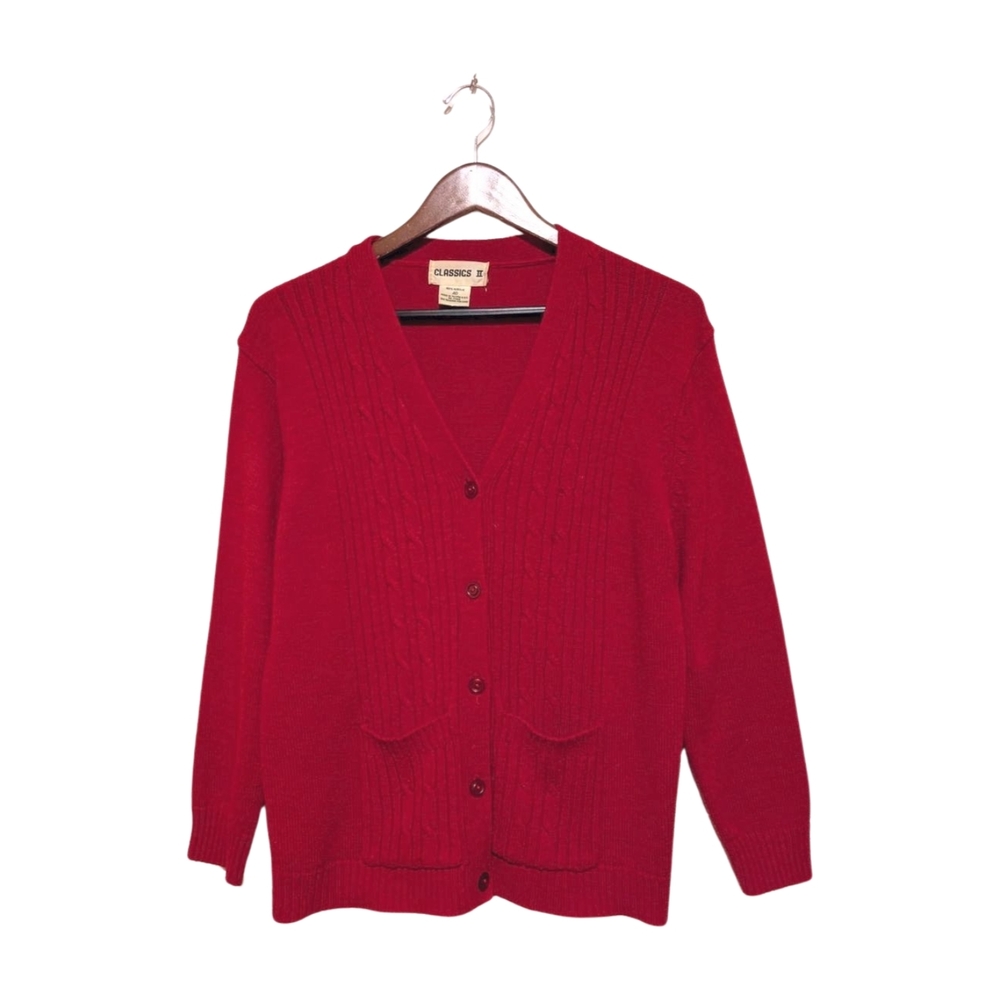 Men's Vintage Red Cardigan Sweater Cable Trim Pockets M